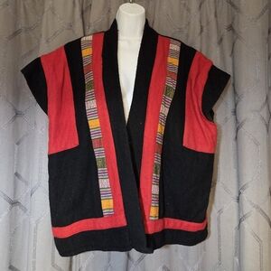 Vintage The Daily Planet Black Red Wool Open Sweater Vest L